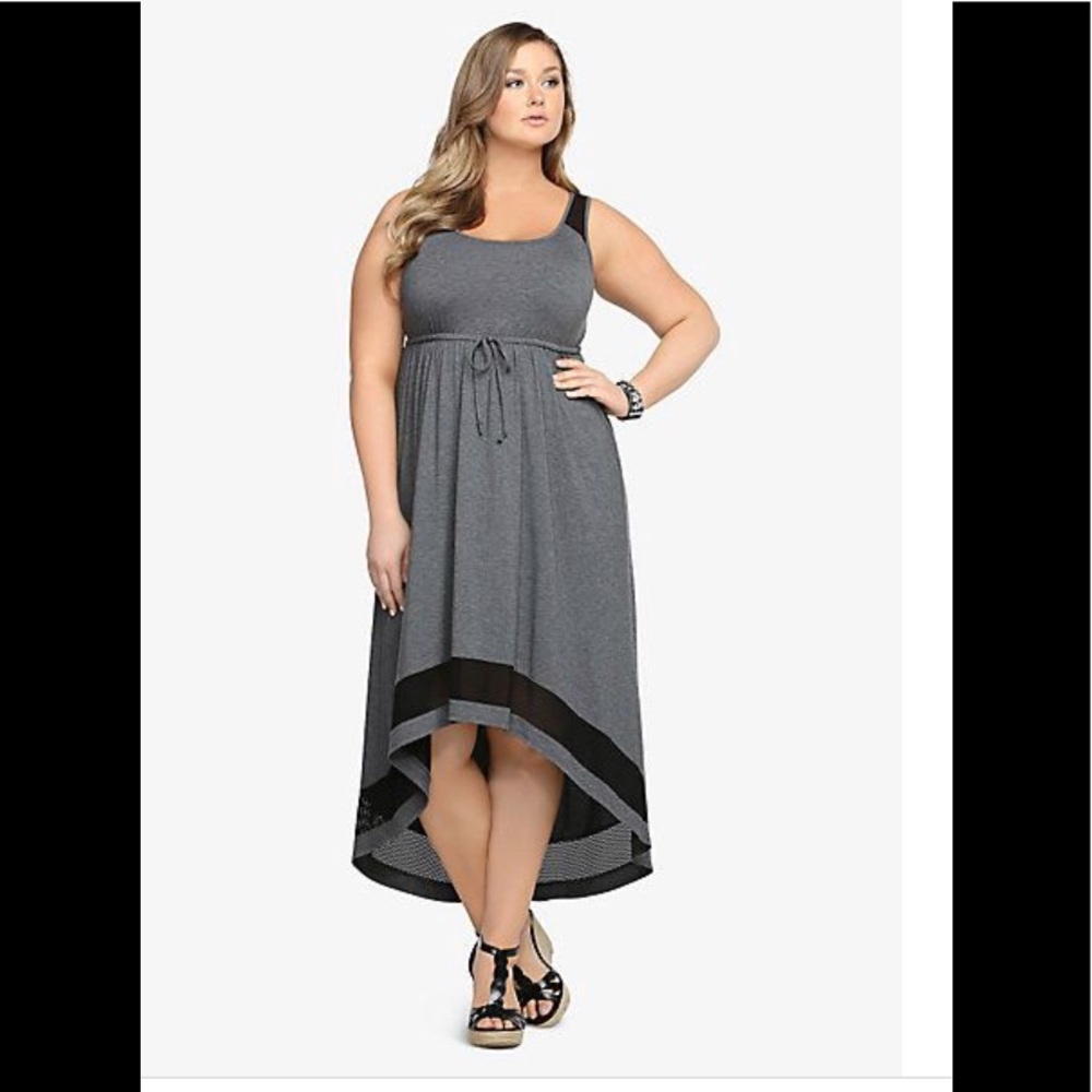 NWT Torrid 5x grey maxi hi low dress black fishnet